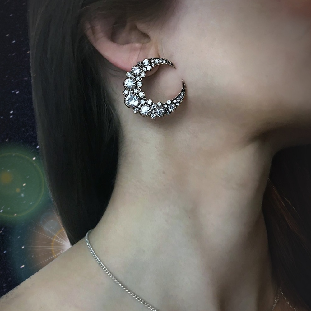 Crescent Moon Earrings Encrusted Rhinestones Large - Picture 5 of 8